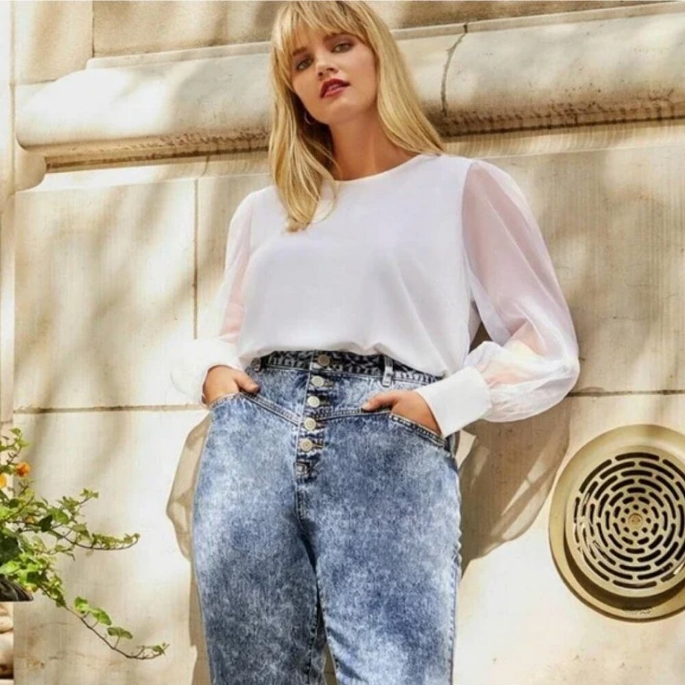 Eloquii White Blouse with Sheer Sleeves